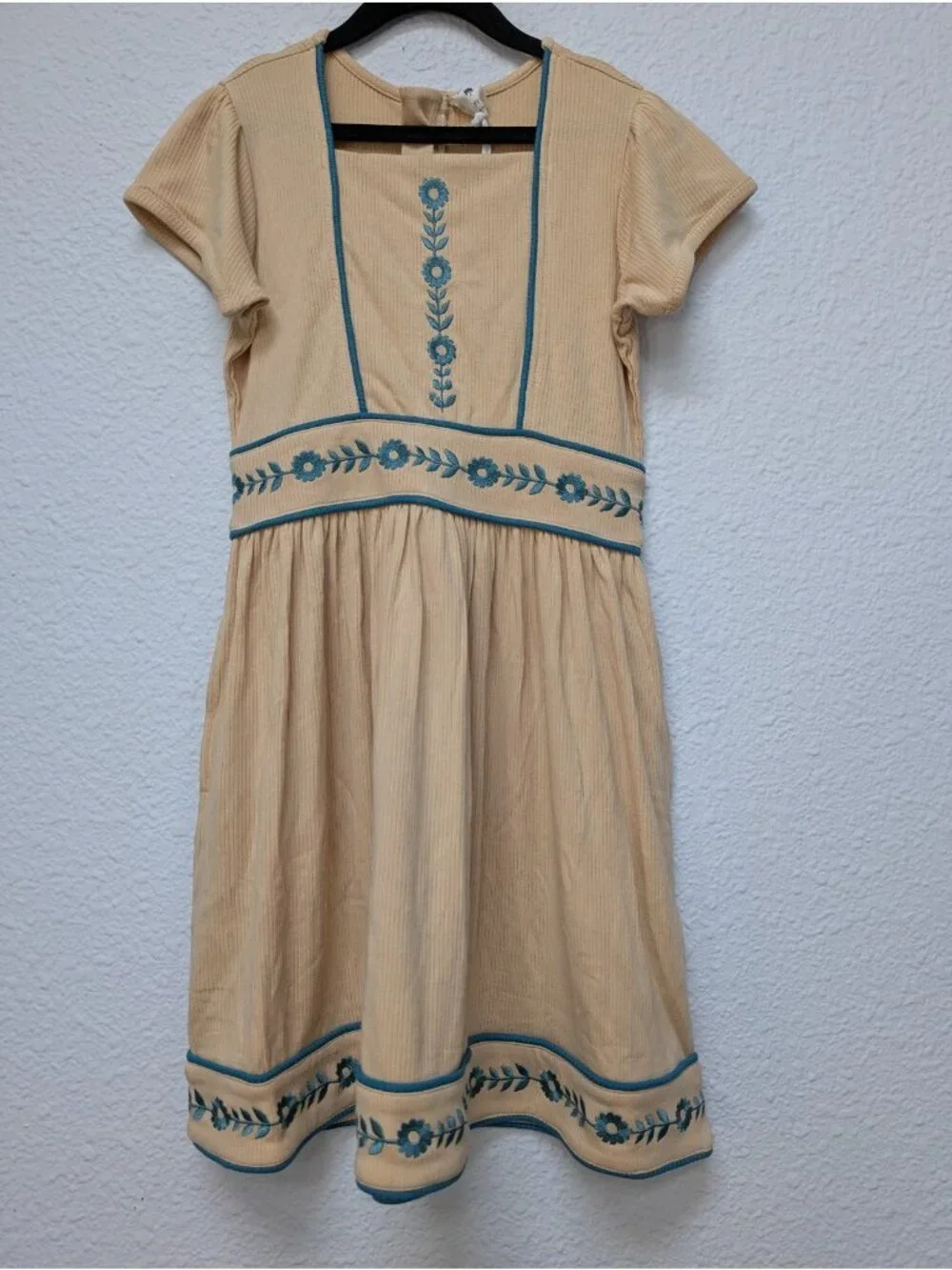 Kate Quinn Square Neck Piped Floral Embroidered Dress 8Y Bamboo Marzipan